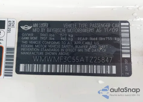 2010 Mini Cooper from USA, damaged, VIN WMWMF3C55ATZ25847